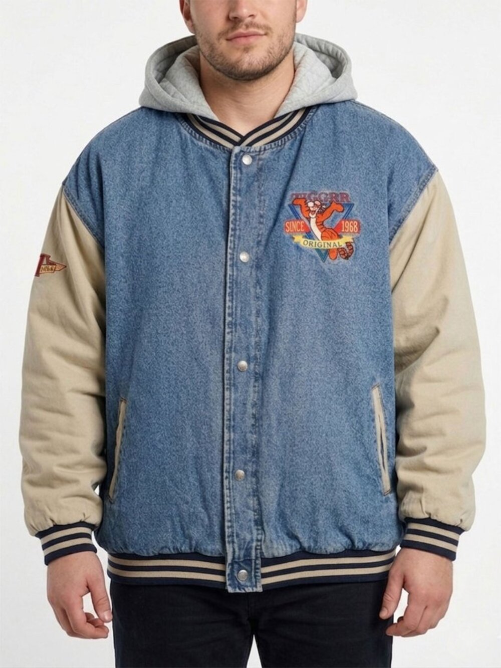 Vintage Disney Store Tigger Varsity Denim Jacket Hooded Mixed Media Unisex XL/2X